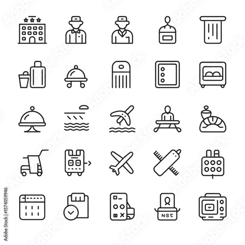 Twenty Five Blackand White Hotel Travel Line Icons Set Featuring Hotel Building Receptionist Booker Air Conditioning Luggage Service Bell Staff Safe Beach Ranger Airplane