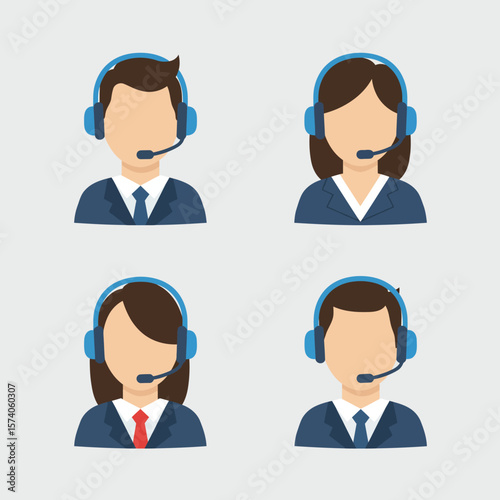 Four faceless customer service representatives wearing headsets and suits, depicted in a flat vector style.
