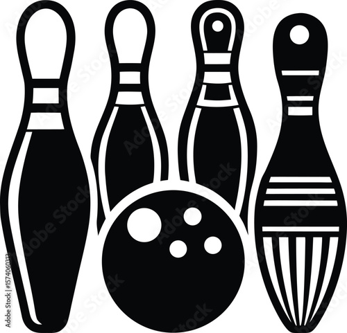 A vector illustration of a stylish woman's silhouette bowling, featuring a black design of a bowling ball and pins in the classic ten pin style, grace, performance, bowler, retro, classic