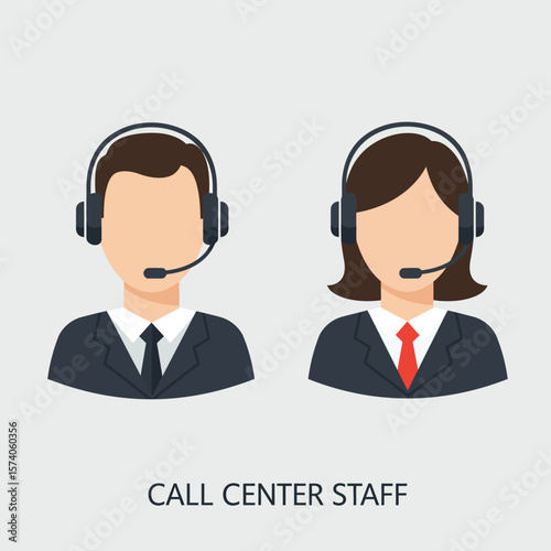 Two call center staff members wearing headsets and suits. A man and a woman.