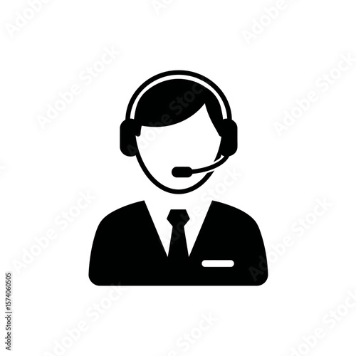 Simple black and white icon depicting a person wearing a headset, ready to assist.