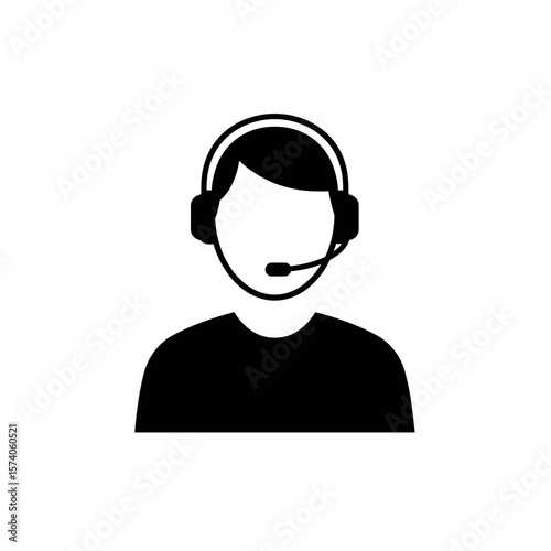 Simple monochrome icon depicting a person wearing a headset, ready to assist.