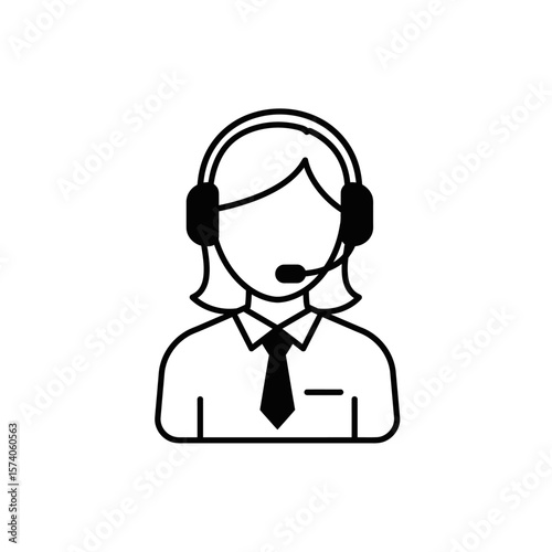 Simple black line drawing of a female customer service representative wearing headphones and a tie.