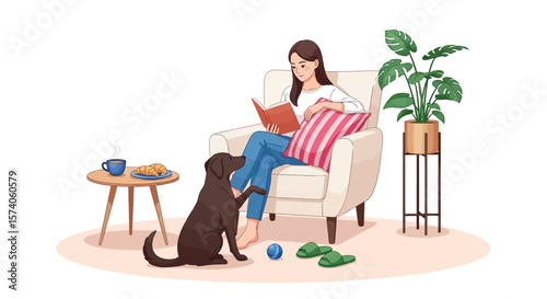 A woman reads a book in a chair with a dog, coffee, and plant in the room scene