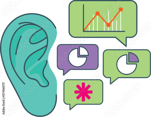A teal ear listening to data charts and asterisk in speech bubbles on white background