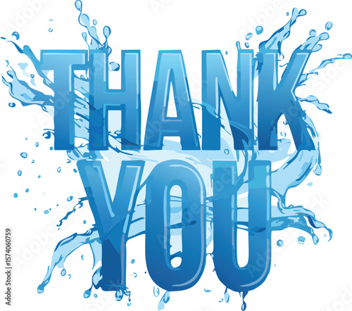THANK YOU Text in Dynamic Water Splash Font – Realistic Fluid Typography on Blue Background with Transparent Water Effect"