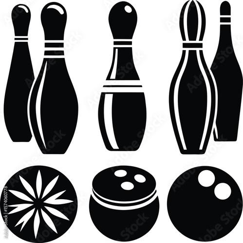 White vector set of bowling pins and a glass bottle illustration ,toy, curve, light, smooth, visual