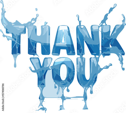 THANK YOU Text in Dynamic Water Splash Font – Realistic Fluid Typography on Blue Background with Transparent Water Effect"