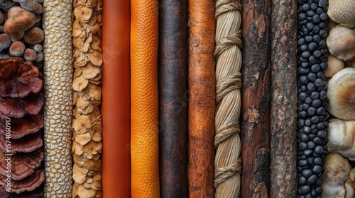 Mushroom leather reclaimed timber earthen pigments and woven plant fibers nature background
