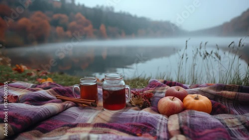 An autumn picnic by a foggy lake with hot cider, apples, and a pumpkin, a slow moving cozy scene.