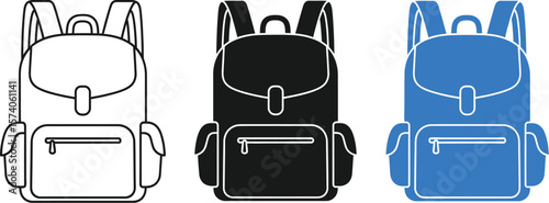 Three backpacks in different styles and colors on a white isolated background