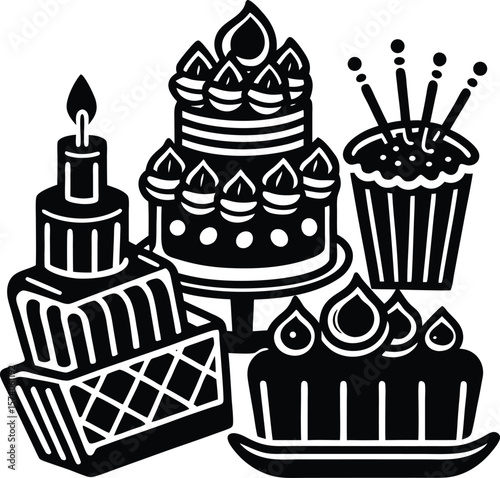 Seamless vector pattern of cute cartoon birthday cakes and cupcakes with candles, perfect for a sweet celebration dessert design, baked goods, cute art, dessert design, cup cake art