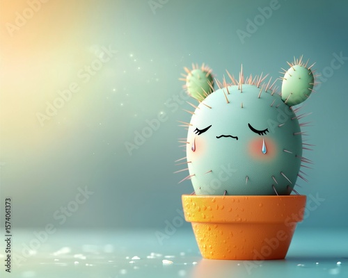 cactus with human emotion face showing sadness, single tear drop, soft pastel background, childlike simplicity, pastel minimalistic illustration