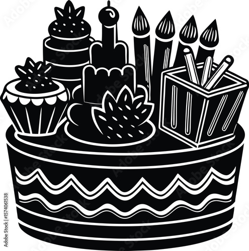 Sweet chocolate birthday cake with candles and cream decoration seamless pattern