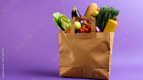 A paper grocery bag full of fresh vegetables and bread slowly rotating against a purple background.