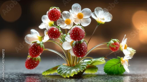 A beautiful rotating bouquet of glass flowers and fresh strawberries, a surreal and magical art piece.