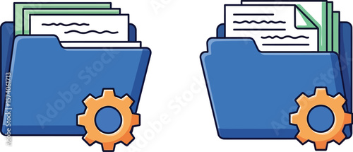 Two blue folders with documents and an orange gear on a white background art