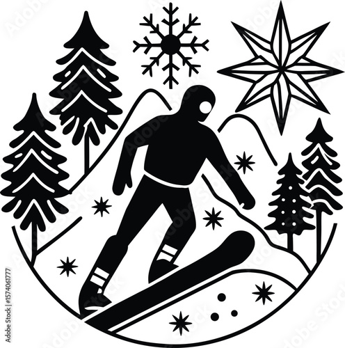 Action packed illustration of a boy snowboarding down a snowy mountain