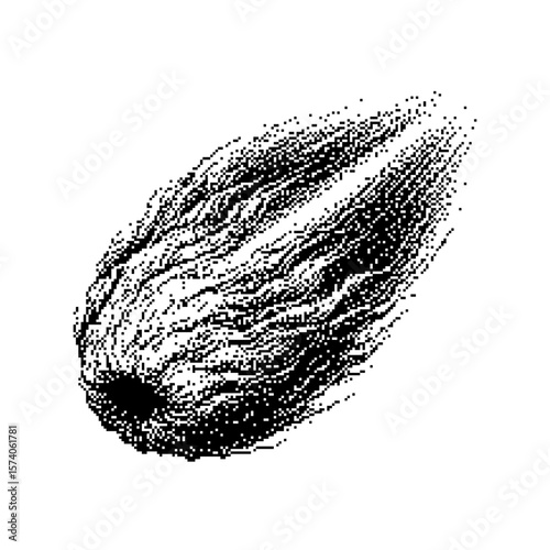 Black and white illustration of a comet with dynamic trailing lines