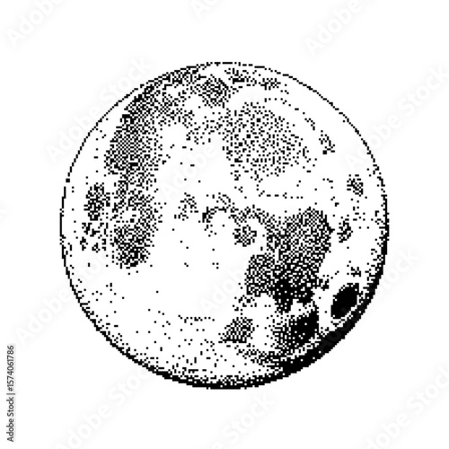 Detailed monochrome illustration of a full moon showcasing its surface features