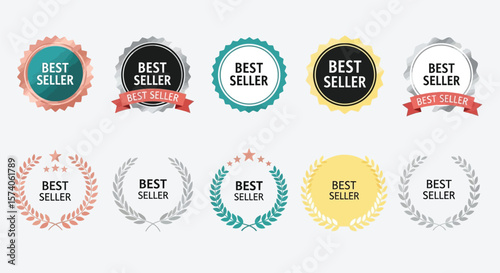 A collection of best seller badges in various designs and color variations