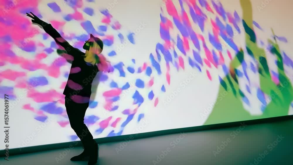 Content creator interacting with colorful motion graphics projected on wall, expressing digital creativity and immersive visual storytelling