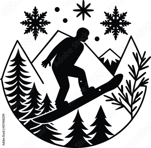 Ski resort vector illustration with silhouettes of skiers, a ski lift, and trees against a winter backdrop ,winter activities, scenic, daylight, blue sky