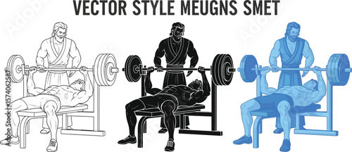 Three vector illustrations of a man bench pressing with a spotter behind him