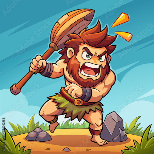 Angry caveman cartoon character swinging club 