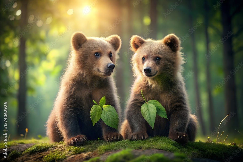 Obraz premium Two Adorable Bear Cubs Sitting on Mossy Ground in a Sunny Forest
