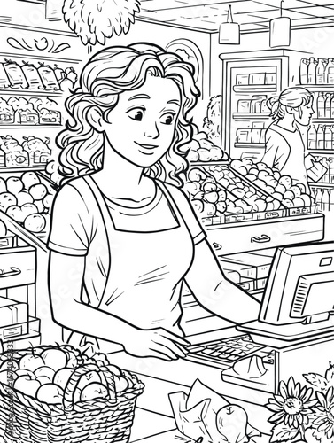 Friendly Female Cashier at Fresh Produce Market with Colorful Background