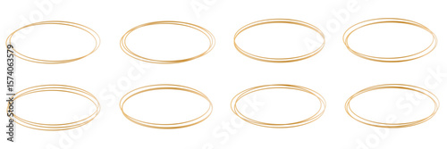 Set of oval golden frames isolated on a white background. Collection of luxury elliptic borders. Glowing decorative frameworks, design elements for birthday or wedding cards. Vector illustration . 