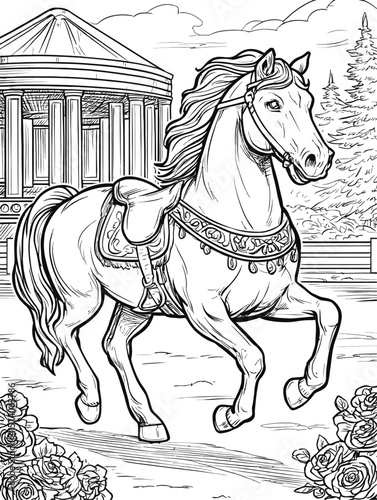 Majestic Horse in Graceful Motion with Architectural Background