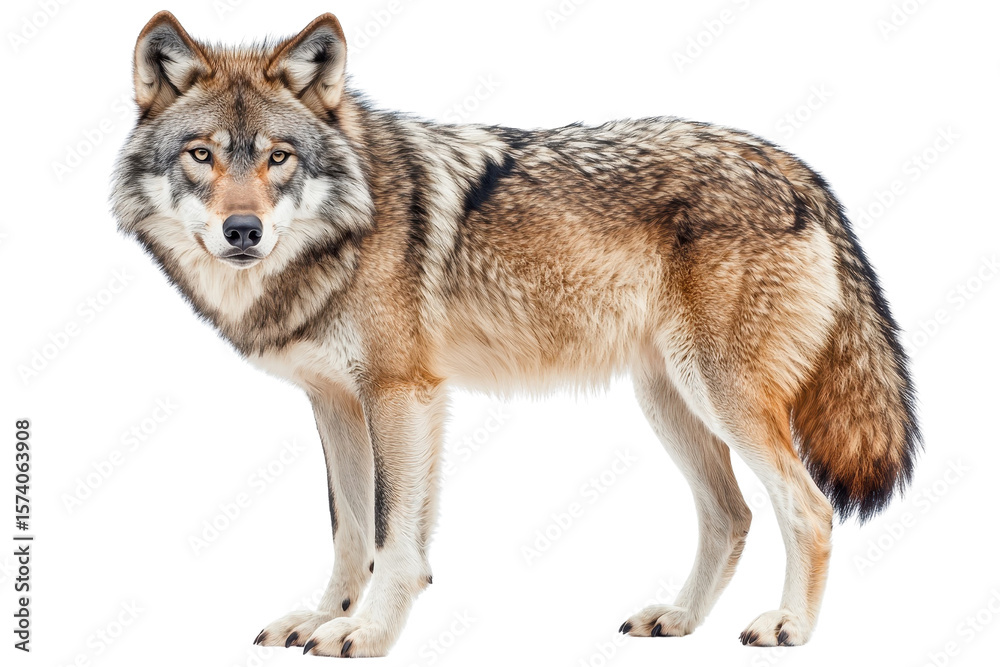 Obraz premium A majestic wolf standing confidently, isolate on white background, showcasing its wild beauty. PNG