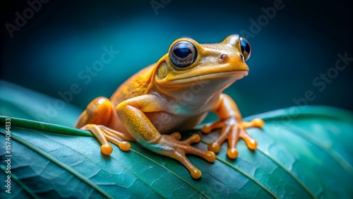 Golden Tree Frog Sitting on a Leaf in a Tropical Rainforest