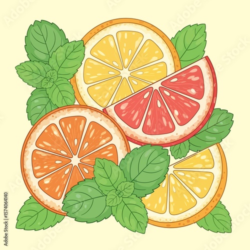 Citrus Fruit Slice and Mint Leaf Illustration for Nutrition Education Poster in Editable EPS