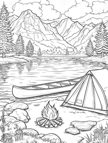 Camping Adventure in Scenic Mountains with Lake and Canoe Illustration