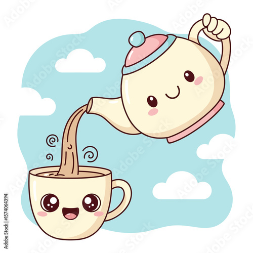 Cute Kawaii Teapot Pouring Tea