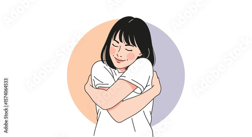 Minimalist Self Hug Illustration of Smiling Girl