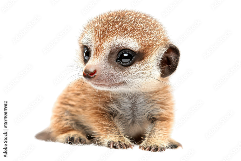 Fototapeta premium A baby meerkat, isolate on white background, with soft fur and an endearing expression. PNG