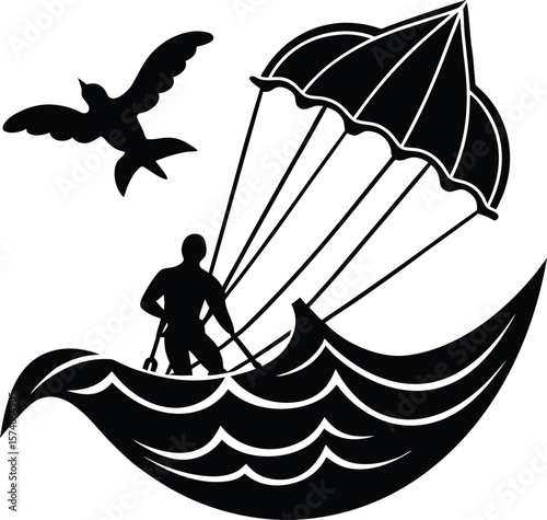 Sailing boat silhouette on the sea, a vector illustration of a summer sport yacht, breeze, watercraft, peaceful, outdoorsy
