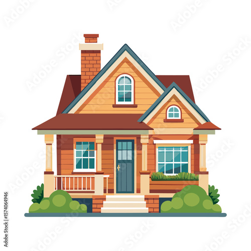 Vector illustration of a small residential house with flowers, featuring a detailed roof and welcoming door, ideal for real estate or family home concepts