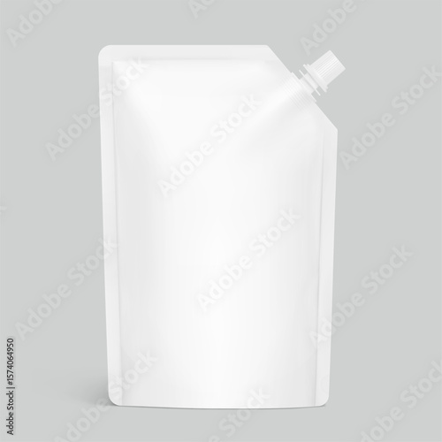 Realistic stand pouch bag with corner spout mockup. Vector illustration isolated on grey background. Front view. Can be use for template your design, presentation, promo, ad. EPS10.