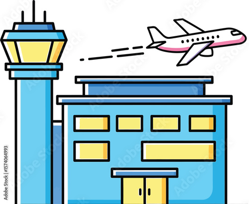Illustration of an airport building with a control tower and a pink airplane taking off