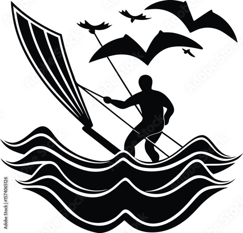 A silhouette of a man on a surfboard and a boat in the ocean water, illustrating summer sport and travel fun, sunset light, relaxation, surfing life, watercraft
