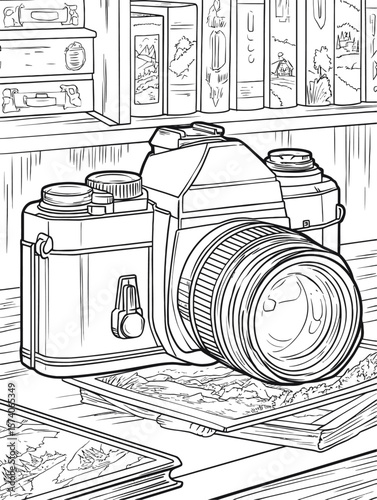 Vintage Camera with Book Collection on Table in Black and White
