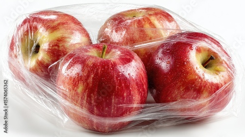 Four red apples in a clear plastic bag 