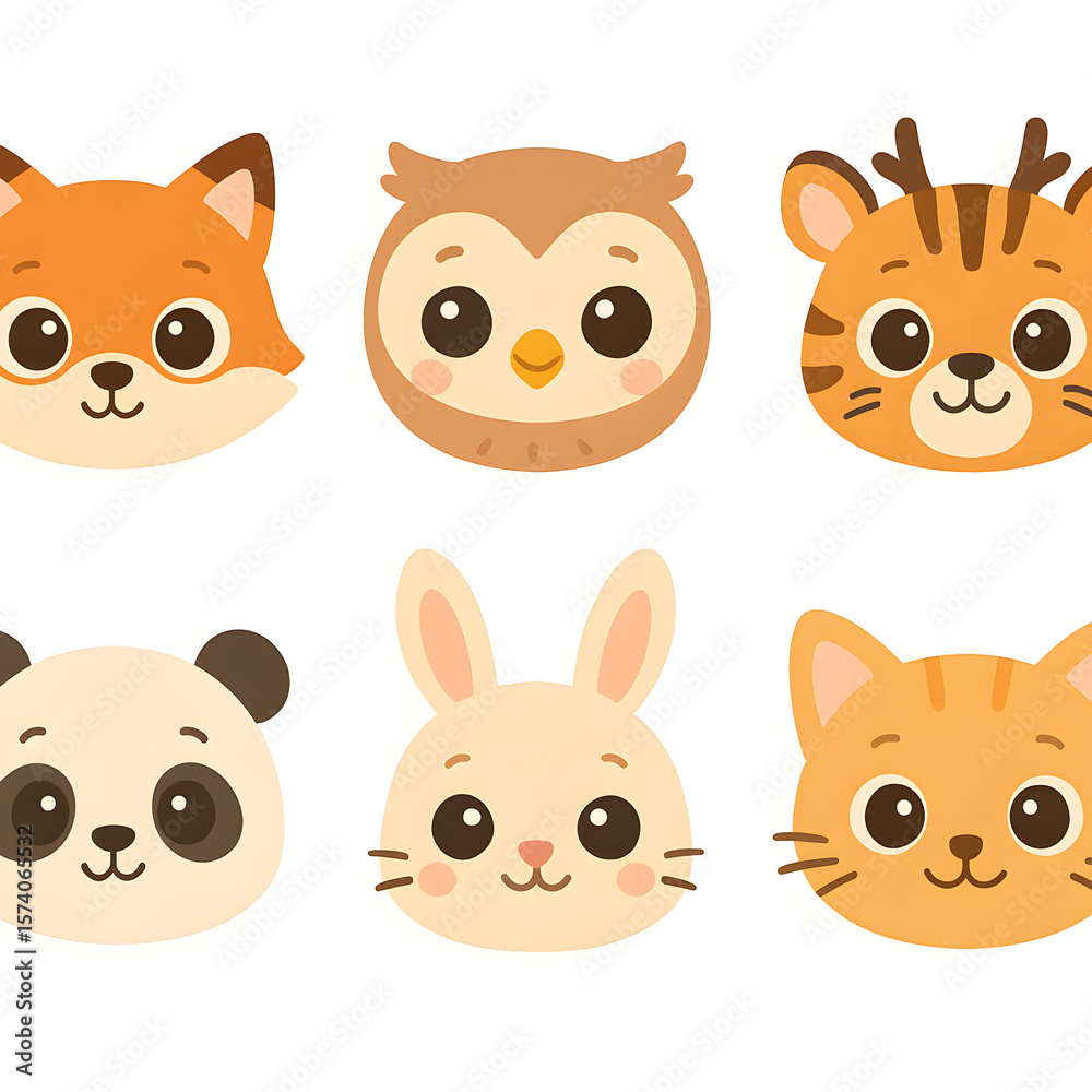 Fototapeta premium Cute Baby Animal Face Icons for Kids