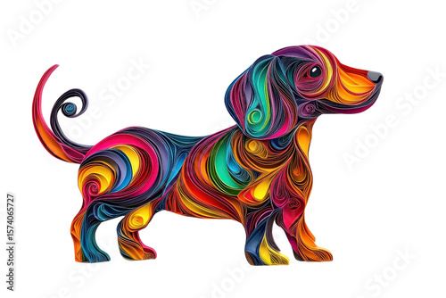 A multicolored paper art Dachshund, isolate on white background, representing its fun-loving personality and charm. PNG