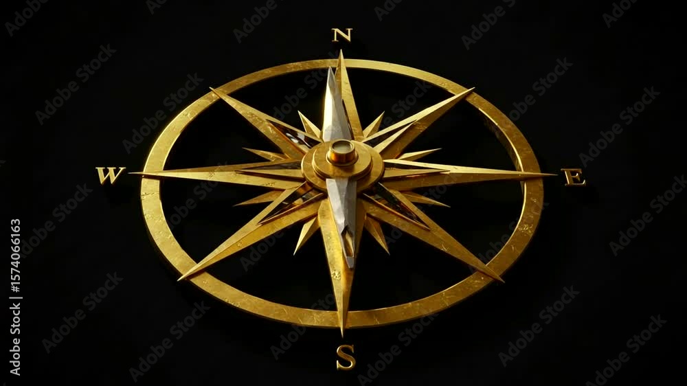 Golden compass rose on black Points to North, South, East, and West directions